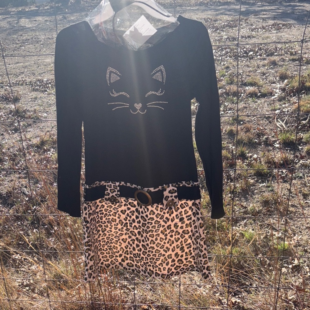 NWT Black Cat Face Dress with Leopard Skirt & Headband